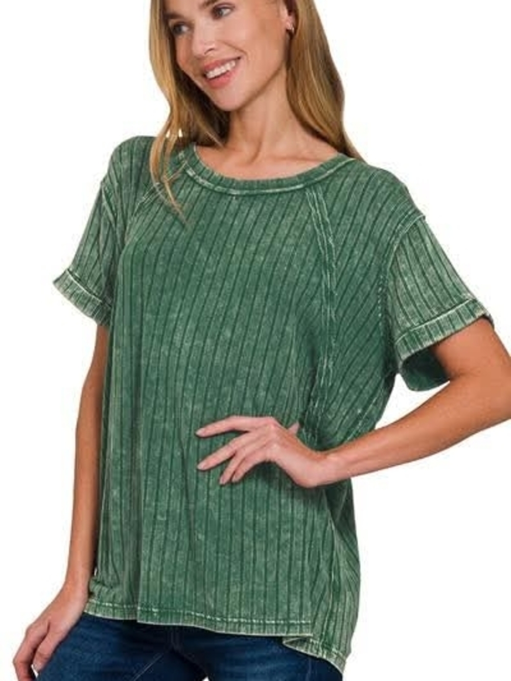 Relaxed Ribbed Short Sleeve Top - Green